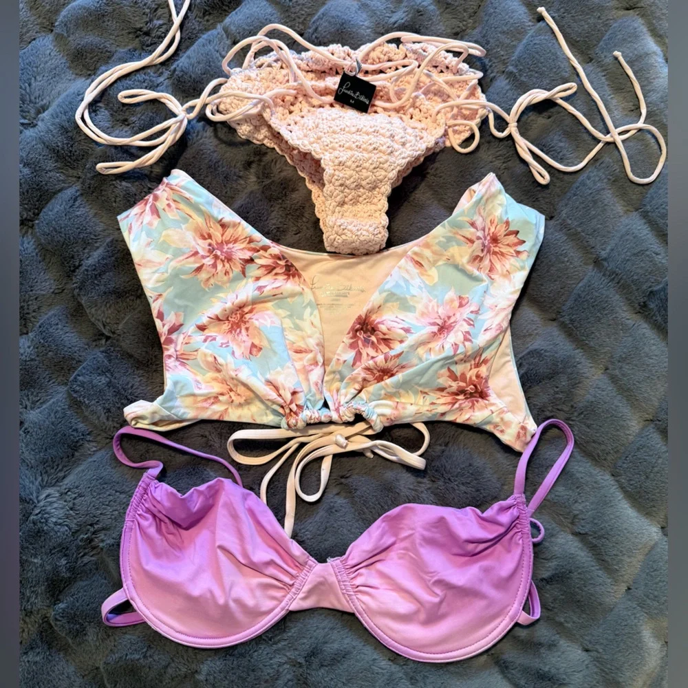 Frankie’s Bikini Set. Soft floral, two style tops, crocheted bottoms
